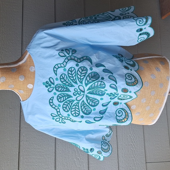 Farm Rio Richelieu Light Blue And Green Cropped Scalloped Hem Top Size XL Cotton - Picture 6 of 15